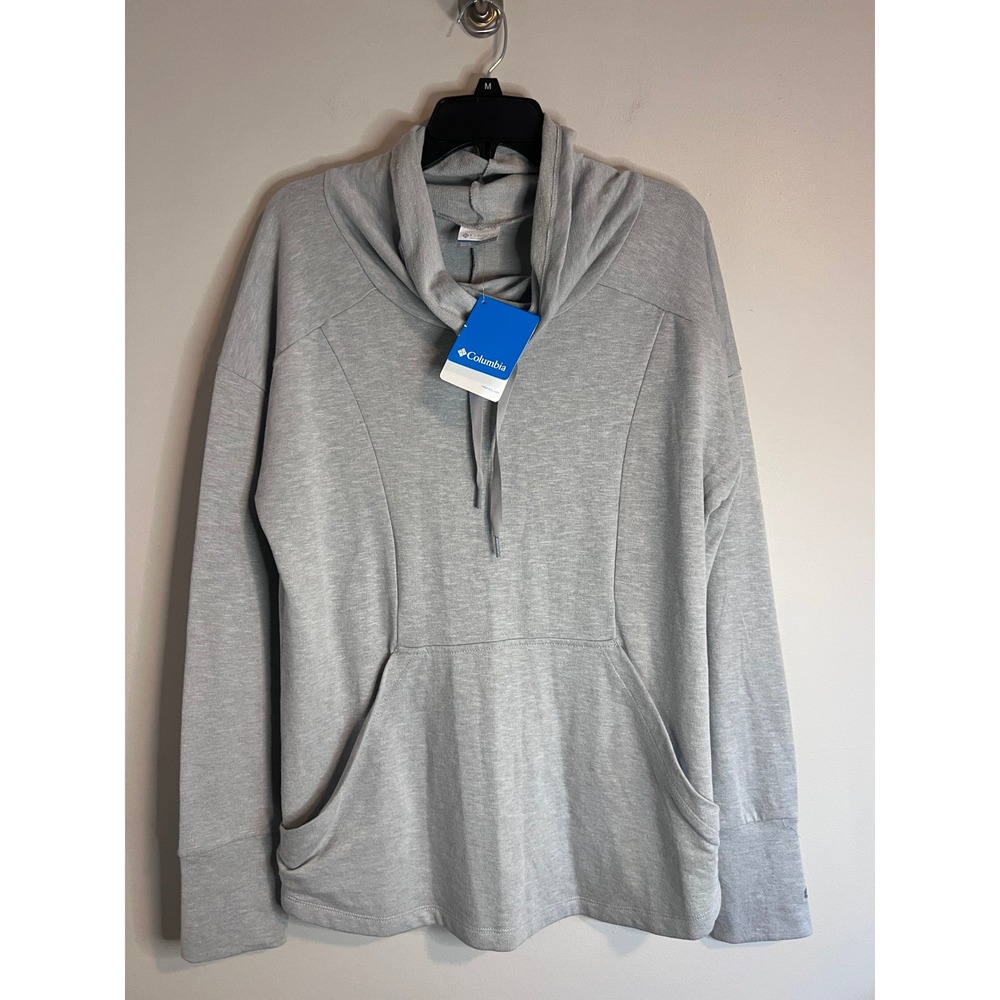 Columbia Womens Grey Cowl Neck Hoodie Kangaroo Pocket Thumbhole Pullover L NEW